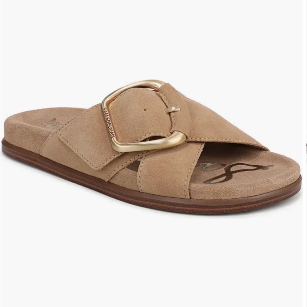Sam Edelman Tan Suede Slide Sandals with Gold Buckle
